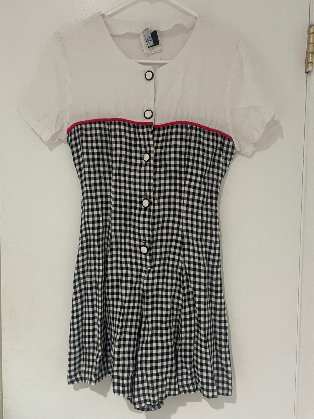 Vintage Black & White Gingham Button Romper with Red Piping